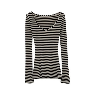 Button Stripe Slim-fit Spice Girl Big V-neck Pure Thin Long-sleeved Sunscreen Blouse T-shirt Elegant Skin-friendly Slimming Top