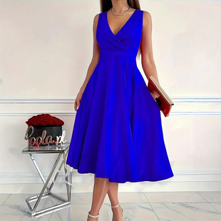 2025 European and American New Independent Station temu Simple Solid Color Vest dress Casual Sleeveless Slant Neck dress