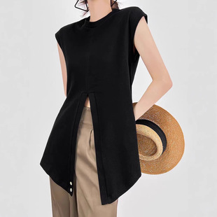 Designer Short Sleeve Round Neck Cross Slim Fit Flying Sleeve Split T-Shirt Top Women's 2578#