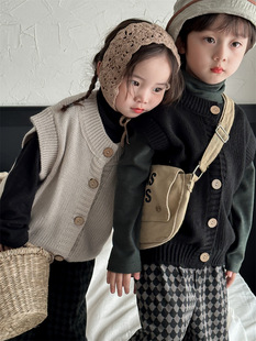 Jiaye Children's 2024 Children's Spring Wool Cardigan Coat Baby Boys and Girls Mori Retro Vest Top