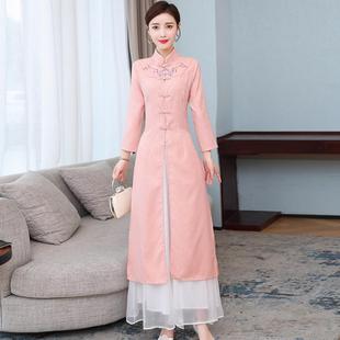 2025 Spring and Autumn New Improved Cheongsam Chinese Style Embroidery Mid-Length Dress Zen Tea Dress Long Sleeve