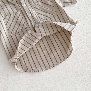 Children's Korean Retro Striped Short-Sleeved Shirt Shorts Suit Baby Boy and Girl Summer Thin Casual Trendy Clothing