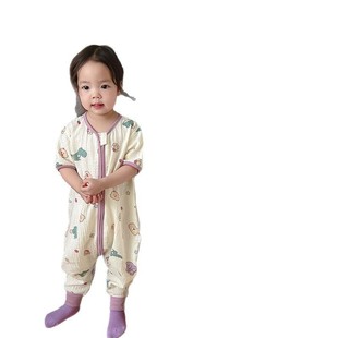 Summer Thin Children's Short-sleeved Gauze Sleeping Bag Baby's Pure Cotton Leg-split Boys' and Girls' Kick-proof Air-conditioned Room Pajamas