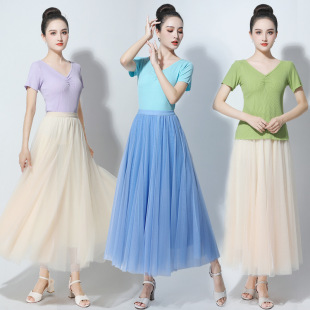 Summer 2021 New Style Square Dance Dress Large Skirt Three-Layer Mesh Dress Set Adult Classical Dance Practice Dress for Women