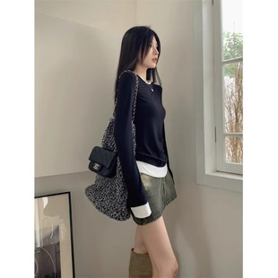 High Elastic Rib Velvet Fake Two-piece Long-sleeved Women's Stacked Contrast Color-sensitive Niche T-shirt Base Shirt