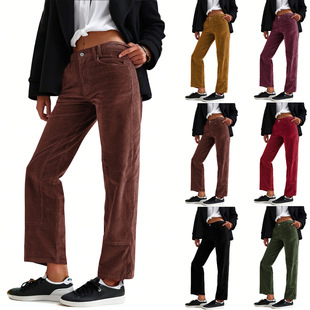 Amazon European and American Women's Retro Corduroy Vertical Pocket Design Small Straight Casual Women's Pants