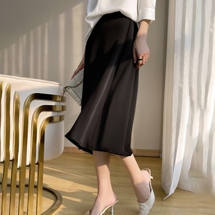 Imitation Ice Silk Skirt Women's Veil Skirt Summer A- line Pleated Fishtail Hip High Waist White Black Small Long Skirt