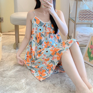 Cotton silk nightdress pajamas women's sleeveless V-neck plus size printed thin preppy style strap nightdress outerwear homewear