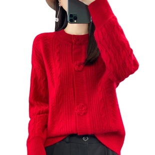 Retro Round neck flower design women's all-wool cardigan loose commuter elegant autumn and winter New knitted coat