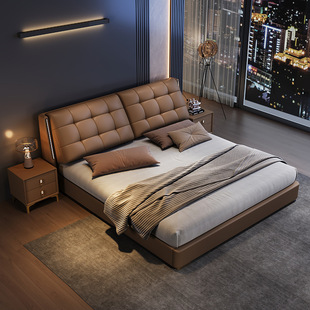 Italian Minimalist Leather Bed 1.8 m Double Bed 1.5 m Master Bedroom Queen Bed Internet Celebrity Backrest Adjustable Soft Bed
