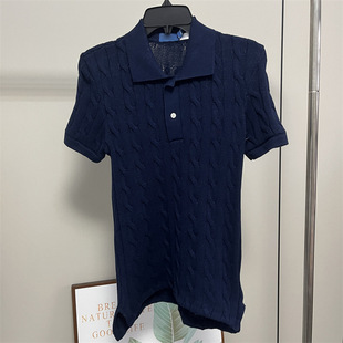 9012 Women's Summer Small MA Embroidered Twist Solid Color Twist Cotton Slimming Knitted Elegant Short-sleeved Polo Shirt