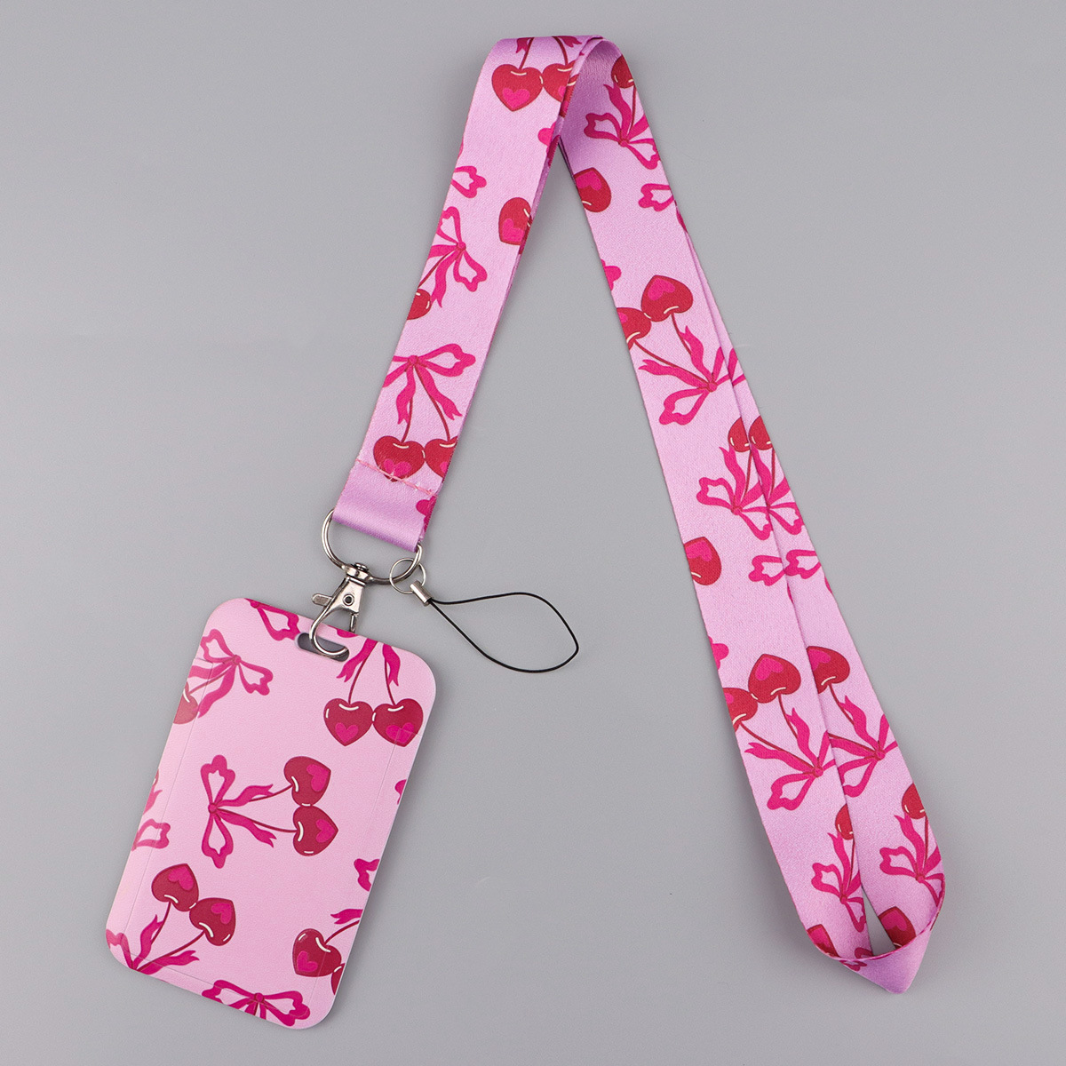 Pink Cherry Ins-Style Cartoon Bus Card Holder with Lanyard, Student Meal Card Keychain, Personalized Hard-Shell Card Holder