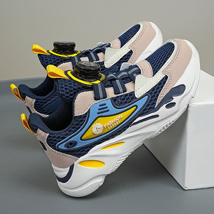 Boys' sneaker new rotary button breathable single mesh children's non-slip summer hollow mesh shoes middle and big children's running shoes