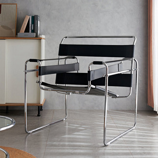 Scandinavian Vasily Chair Mid-ancient Style Backrest Casual Single Chair Cross-border Light Luxury Stainless Steel Saddle Leather Armchair