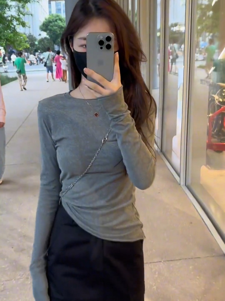 솔리드 컬러 얇은 긴팔 탑 여성용 한국식 컬 기본 티셔츠 가을 슬림핏 올매치 서양식 베이스 셔츠