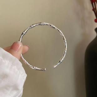 New White Sterling Silver Bamboo Bracelet for Women, Solid Opening, Young Style, Fashionable Frosted Bracelet, Ethnic Style Plain Ring Hand