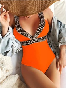 New Foreign Trade Wave Plate with V-neck Sexy Solid Color Bikini Swimsuit Women One-piece bijini