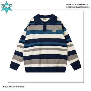 YWFG card striped half open collar 2023 autumn and winter New loose all-match couple POLO collar long sleeve sweater sweater