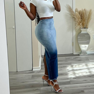 LD1386 European and American Women's Clothing Amazon Fashion Burned Flower Split Tassel Denim Skirt