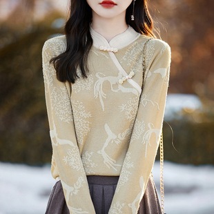 24 new Chinese style solid color sweater women's national style half turtleneck wool buckle bottoming shirt phoenix pattern lace long sleeve
