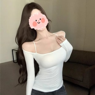 Off-shoulder Sweet Spice Girl Long-sleeved T-shirt Women's Spring and Autumn Slim-fit White Base Shirt Sexy Tight Short Top