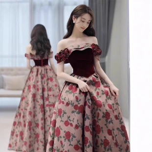 Spring New Lace Shoulder wine red Toast Dress Design Sense Escape Princess Fairy Dress Adult Ceremony Dress