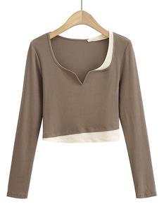 European and American Retro Hot Girl Style Fake Two-piece Long-sleeved Base Shirt Spring and Summer Slimming V-neck Navel Jazz Dancing Top for Women
