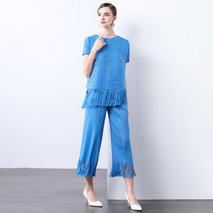 16055 Miyake European and American Style Pleated Tassel Loose Irregular Top Slimming Wide Leg Pants Two-piece suit Women
