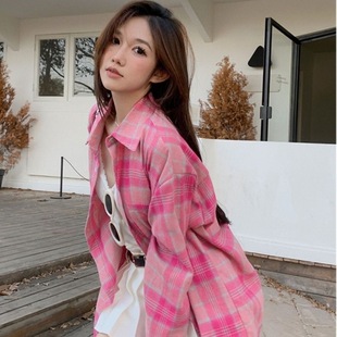 Vintage Plaid Shirt Women's Spring and Autumn New Hong Kong-style Design Niche Top All-match Loose Long-sleeved Shirt