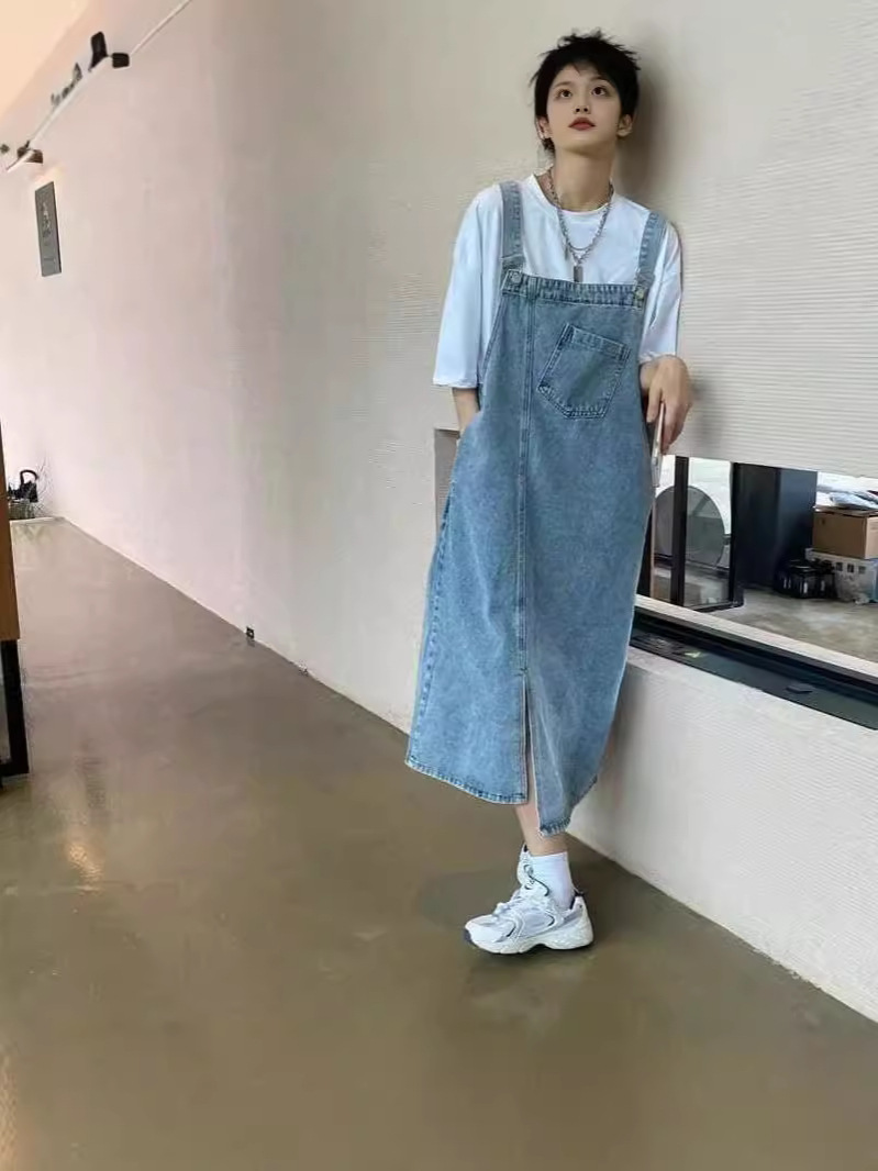 레트로 데님 서스펜더 스커트 여성용 2026 봄 여름 디자인 감각적인 니치 스타일의 끈 스커트 루즈핏 캐주얼 슬림핏 패셔너블