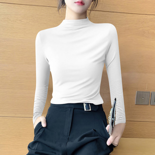 Half-high Collar Long-sleeved T-shirt Women's Threaded Base Shirt 2024 Spring and Autumn Thin Slim-fit All-match Simple Casual Top for Women