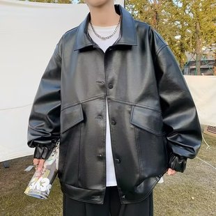 Cross-border American Harajuku Casual Leather Fashion Spring and Autumn Fashion Casual New All-match Fashion Leather Men's Lapel Men