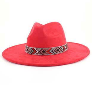 Ins Cyber Celebrity Suede Peach Heart Top Big Rim Jazz Hat Women's Blue Bead Sunscreen Top Hat Flat Rim Hat