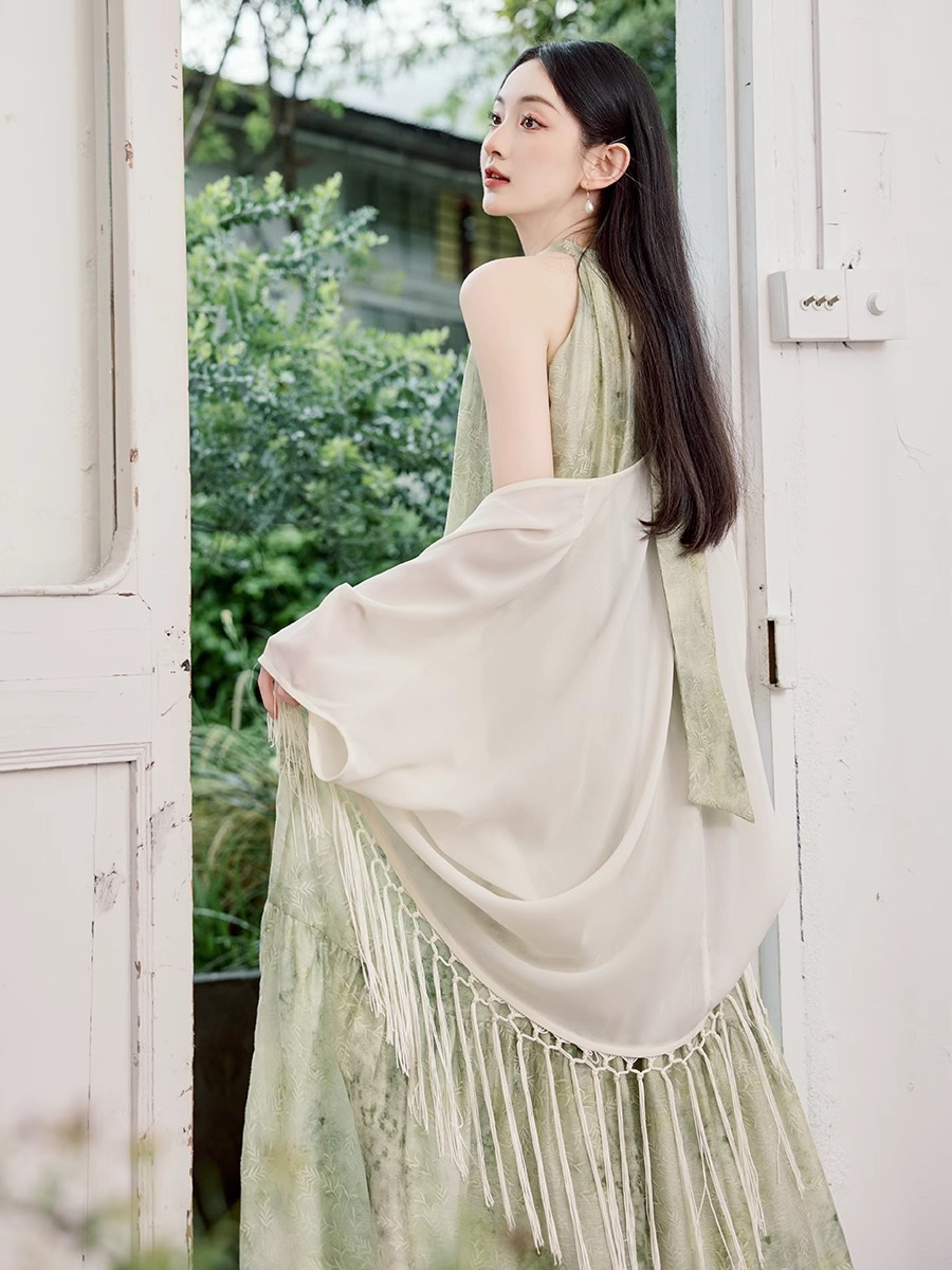 New Chinese Style Women's Sleeveless Halterneck Dress, Summer Cool and Relaxed Wear, Suspender Green Floral Long Skirt