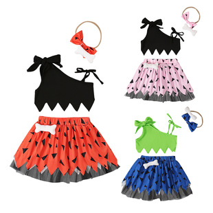 Children's European and American Foreign trade summer Yamano strap irregular top + skirt + headband/three-piece children's clothing