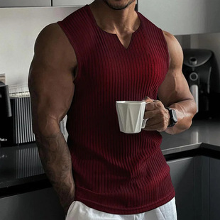 Cross-border Foreign Trade Summer Knitted Vertical Stripe Fitness Sports Leisure Slim Vest Men's I-shaped V-neck Wide Shoulder Vest