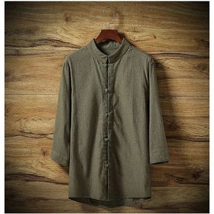 Summer Linen Shirt Men's Seven-sleeve Loose Casual Mid-sleeve Cotton and Linen Shirt Linen Top Men's Short-sleeve Shirt