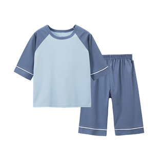 Summer Children's Raglan Sleeve Round Neck Air Conditioning Home Clothes Children's Cropped Sleeve Cropped Pants Cotton Pajamas Two-piece Set