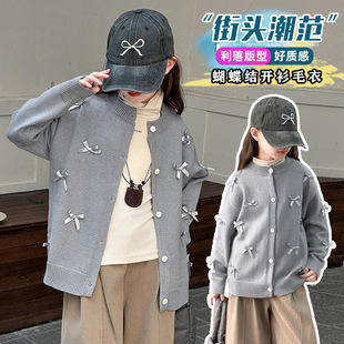Girls' Autumn Coat 2024 New Style Spring and Autumn Children's Early Autumn Cardigan Sweater Big Children's Bow Top