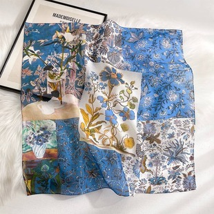 Pastoral Floral Mulberry Silk Square Scarf Cotton Blended Silk Scarf Summer Thin Silk Blended Square Scarf Scarf Shawl