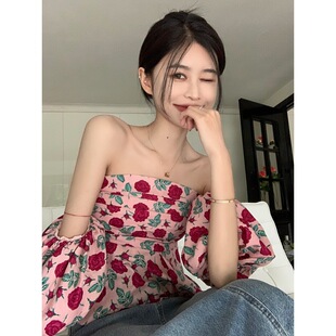 Shoulder Short Shirt Women's Summer Vacation Floral Sweet and Spicy Clavicle Shoulder Chic Short-sleeved Top