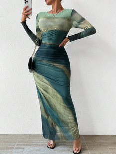 in stock Cross-border 2024 Europe and America Amazon Fashion Mesh Printing Pleated Sexy Tight Crewneck dress