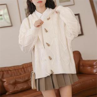 Horn buckle hooded sweater coat women's cardigan 2022 autumn and winter New Japanese lazy retro twist sweater