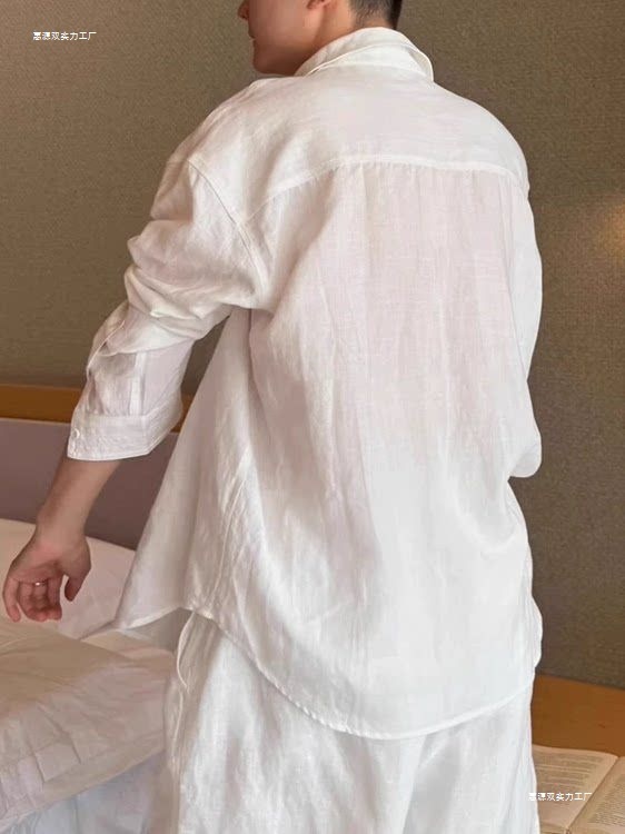 French-Style Old Money Cotton-Linen Shirt Set for Men, Thin and Breathable, with Pockets, Long-Sleeve Tencel Linen Work Shorts Set