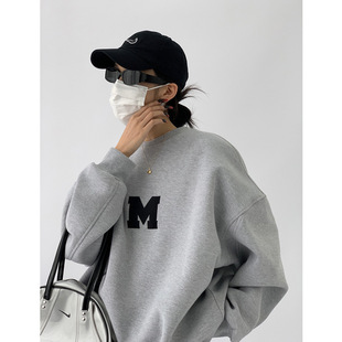 Early Spring Composite Round Neck Sweatshirt Women's Early Spring fleece-lined Thickened Loose All-match Trendy Brand Top Slimming Jacket Women's Clothing