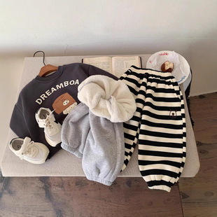 Children's Winter Pants 2024 New Boys and Girls Western Style Striped fleece-lined Thickened Children's Baby Autumn and Winter Trendy Pants