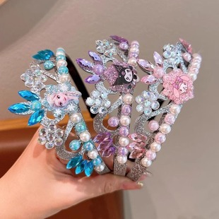 Cute Kroomi Children's Crown Hair Hoop Frozen Princess Flash Diamond Hoop Female Cartoon Hair Bundle Performance Props