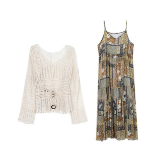 [Shangri-La Set] Song Ming Retro Printed Sling dress Women's Hollow Blouse Two-piece Set J020C