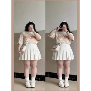 Large Size White Pleated Skirt College Style Student High Waist Slimming Fat mm Large Size Half