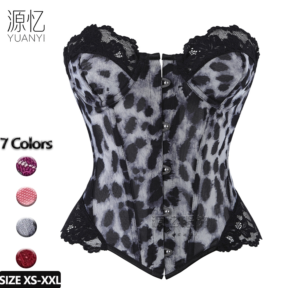 Cross-Border In-Stock Fast Delivery Black and White Leopard Print Lace Underwire Push-Up Corset Halloween Outfit Outerwear Shapewear